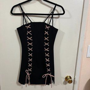 H:ours Mini Dress Size XS Lace Up Black Pink Bodycon Sleeveless Short Zip Back